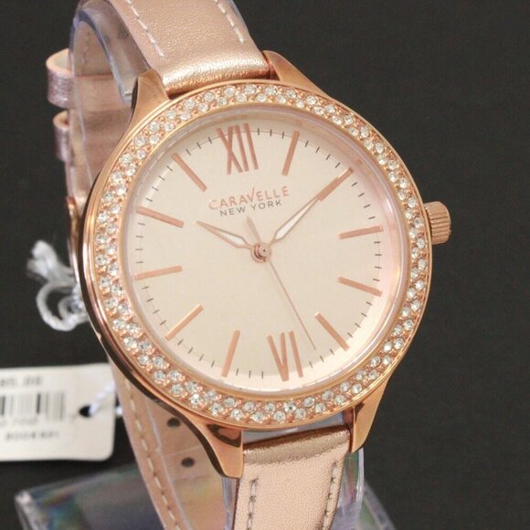 Bulova Accessories - Caravelle Ladies Dress Watch By Bulova Crystal Bezel Dial Rose Gold Tones 38mm